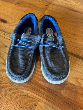 Hey Dude Charcoal Knit Slip-Ons with Bright Blue Accents-Like New